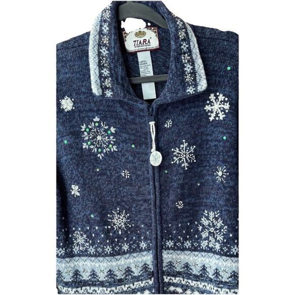 VTG Tiara International Holiday Snow Flake Beaded Sequin Sweater Sz L Zip Up - Picture 2 of 7